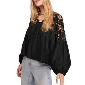 Free People Lina Lace Top Black Balloon Sleeve V-Neck Blouse Small